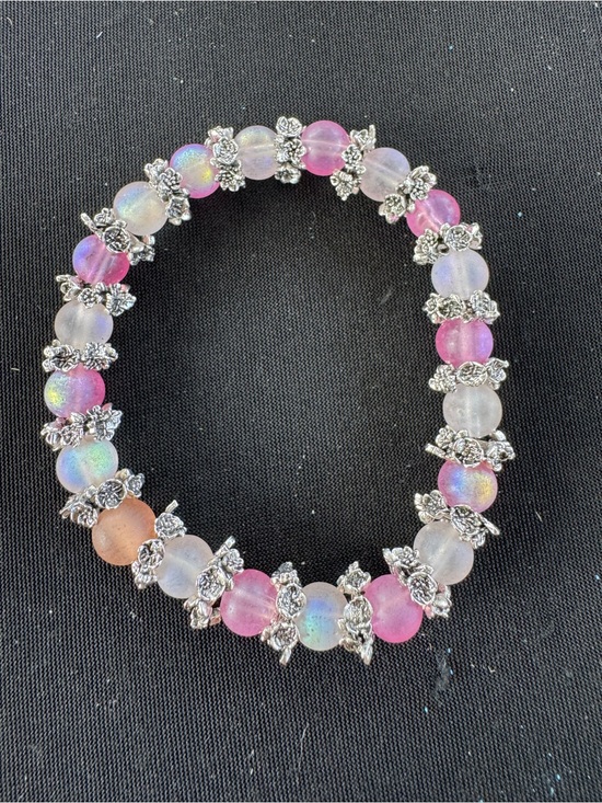 Hand Crafted Jewelry - Silver Accent Pink & Iridescent Beaded Stretch Bracelet